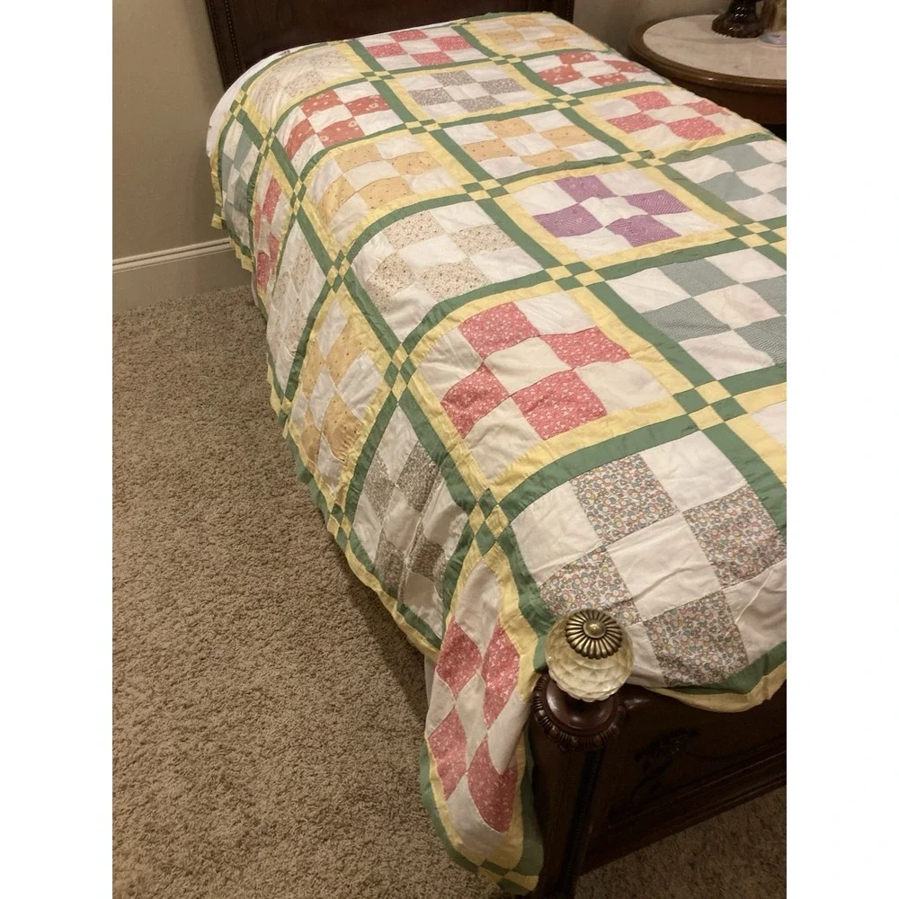 Vintage Hand Sewn Nine Patch Quilt Top Sashing And Cornerstones 70x81 Unfinished